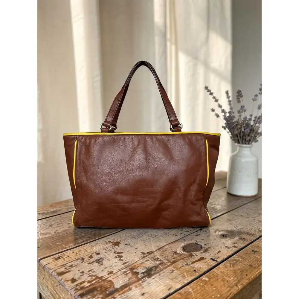 Kate Spade Soft Leather Shoulder Bag Cognac Brown yellow Trim GUC